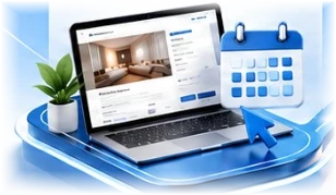 Hotel booking interface with calendar and a laptop