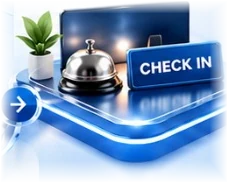 Hotel reception bell and check-in sign