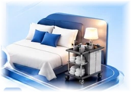 Hotel guest room and housekeeping trolley